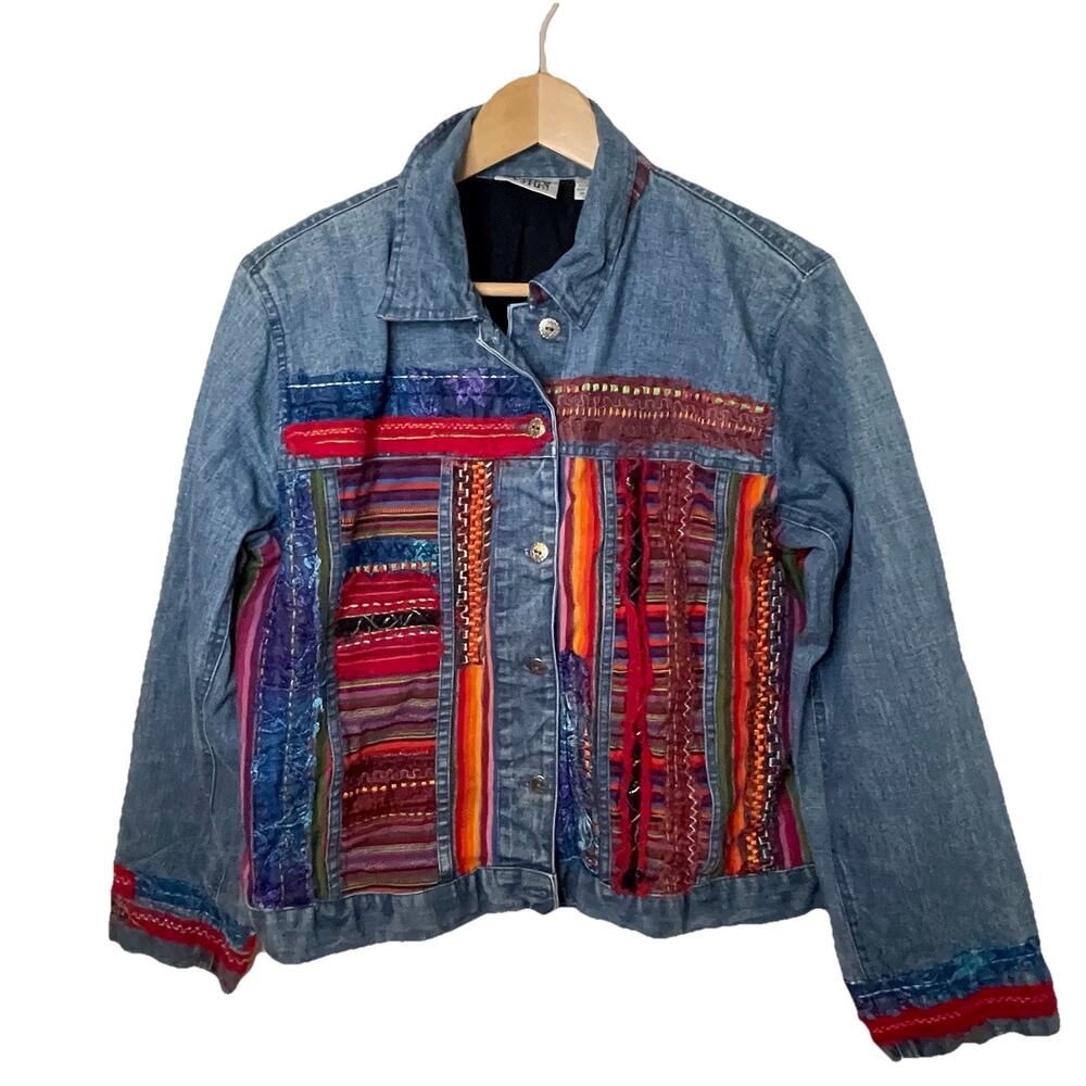 Chico's Embroidered Denim Jacket Collared Short Colorful Boho Western Sz 1 / Med
